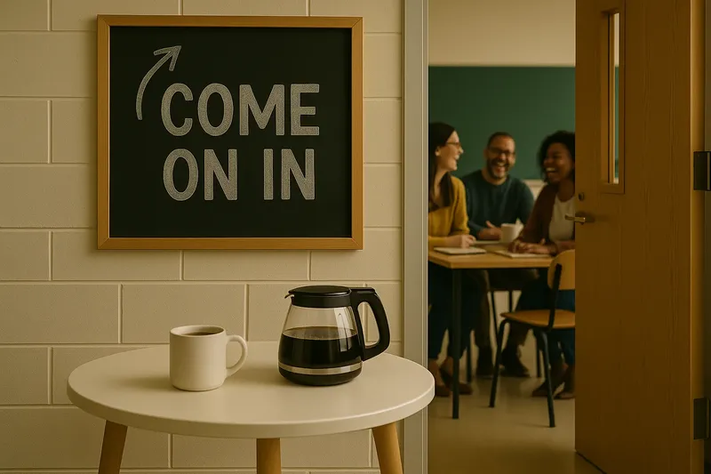 Come on in - welcoming community space with people collaborating over coffee