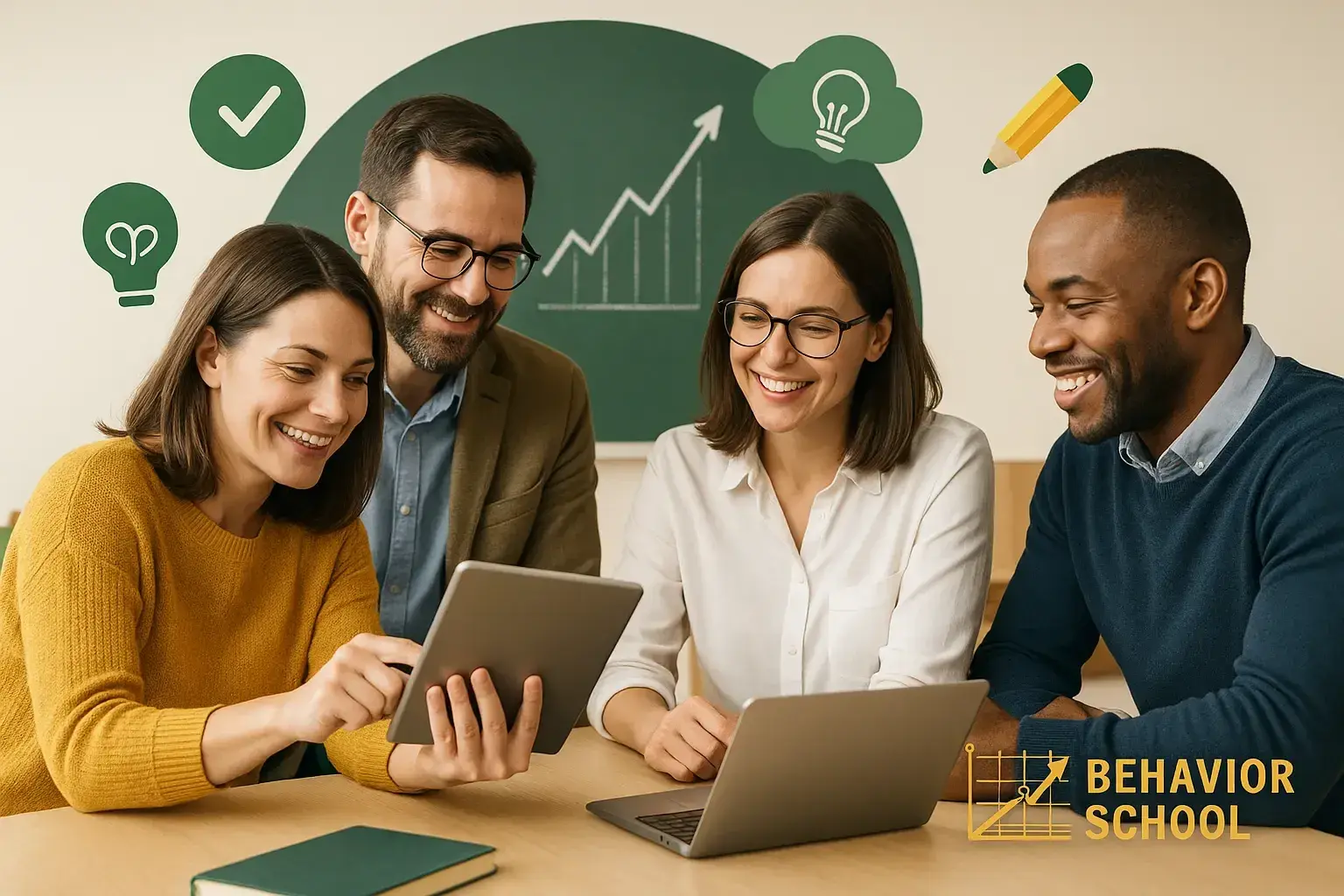 Four educators reviewing a tablet and a laptop together at a table, with a chalkboard graph and the Behavior School wordmark