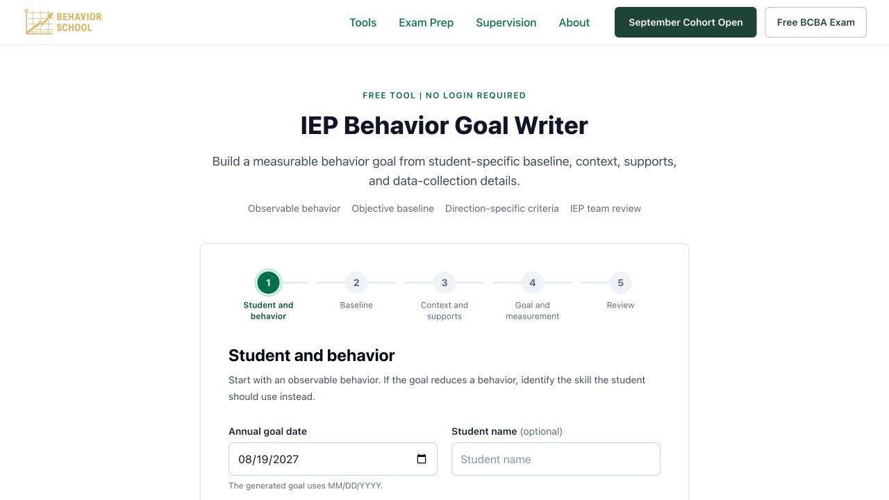 Current BehaviorSchool Goal Writing System showing its five-step workflow