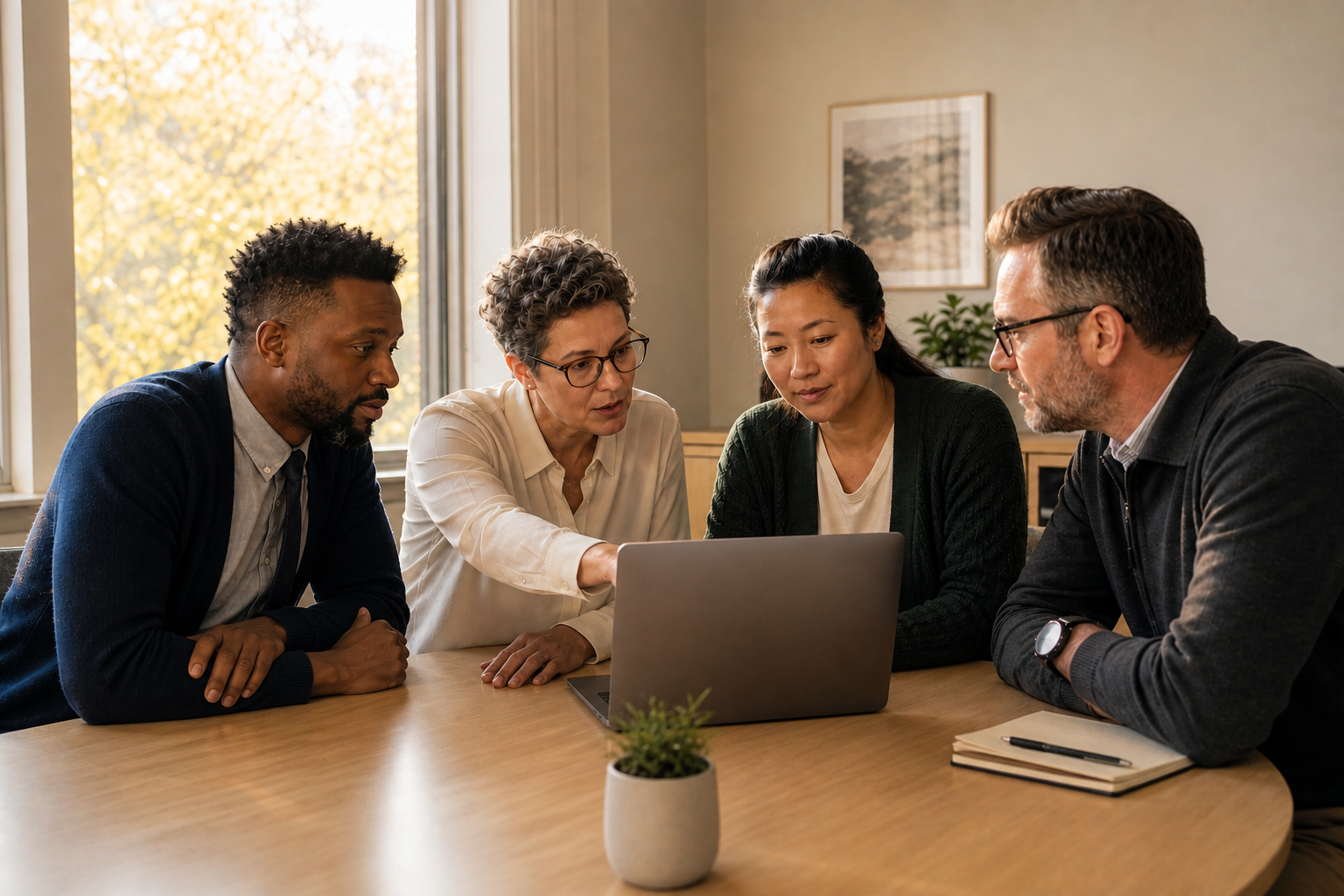 Four school behavior professionals collaborating around a laptop in a bright office