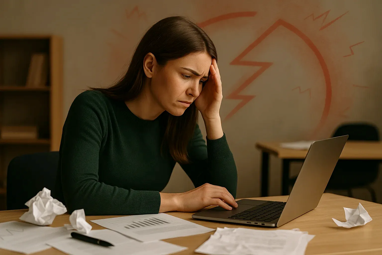 BCBA working at desk with stressed expression, symbolizing the overwhelm that the Behavior School Operating System solves